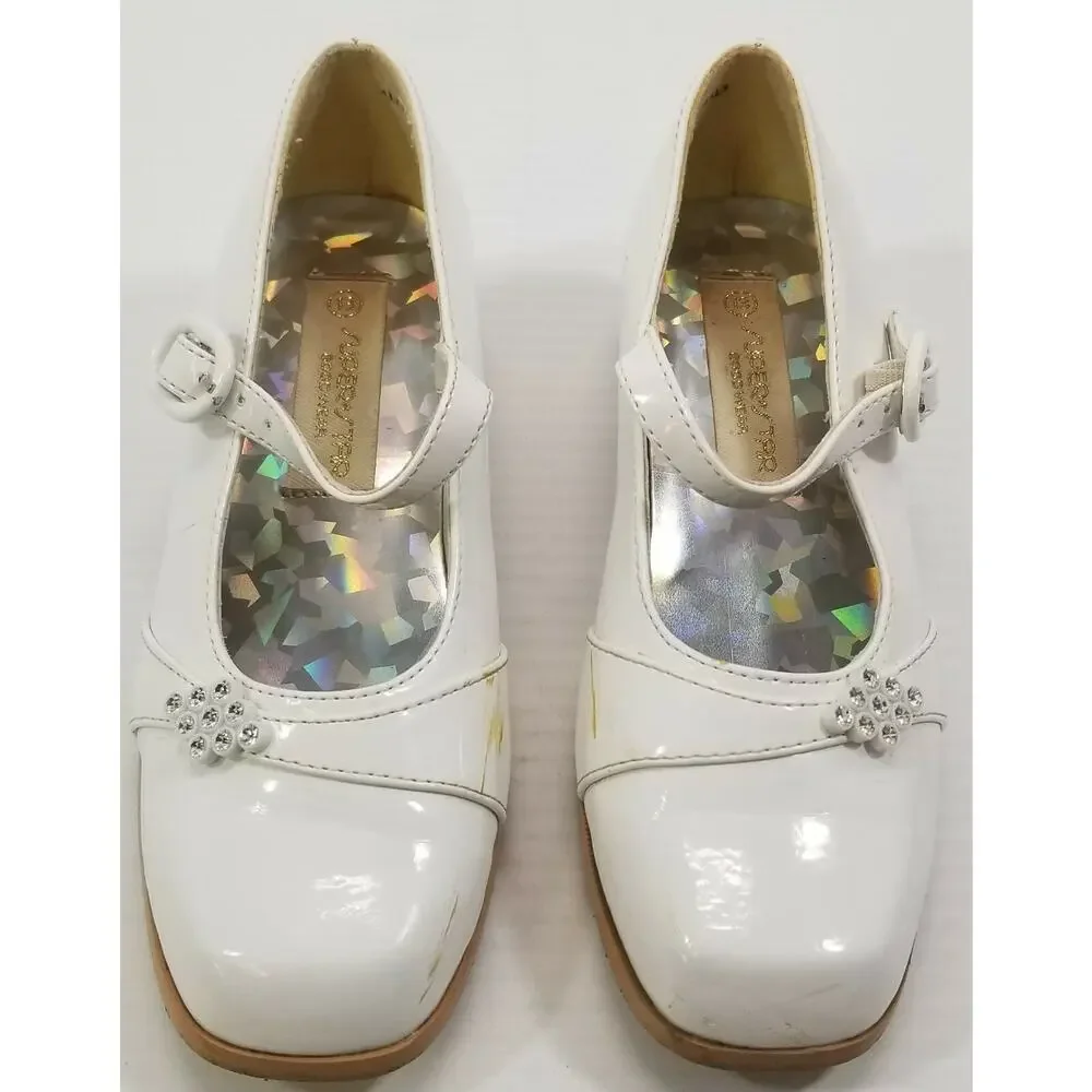 *D) Vintage Superstar Kid Girl's White Low Heel Strap Shoes 13